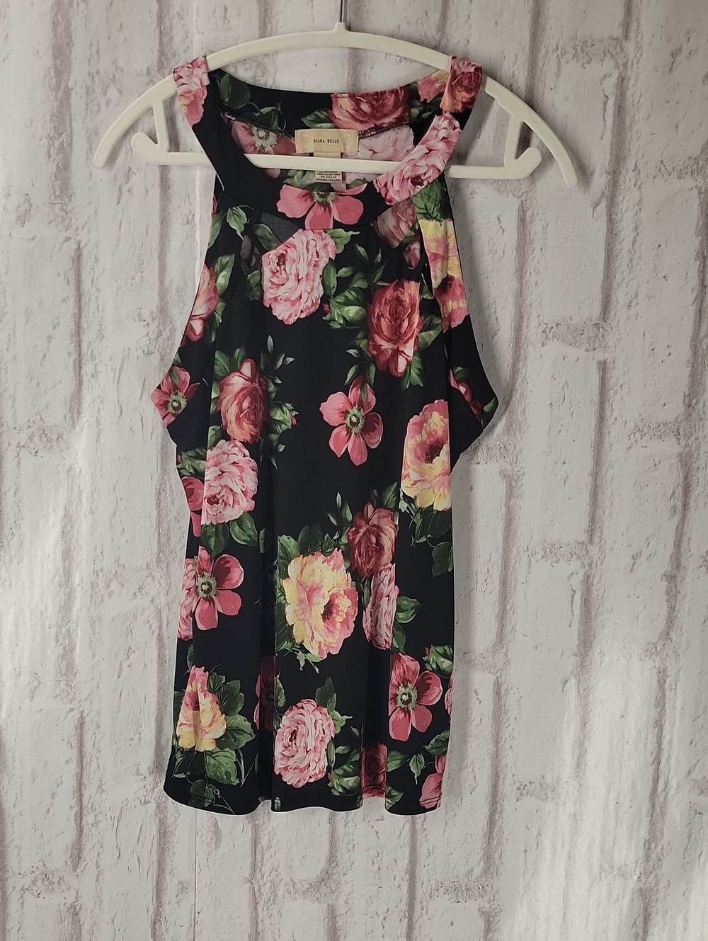 High-Neck Floral Tank Top - Black with Pink & Yellow Roses